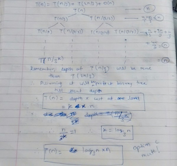 recursive algorithms - Recursion tree T(n) = T(n/3) + T(2n/3) + cn -  Mathematics Stack Exchange