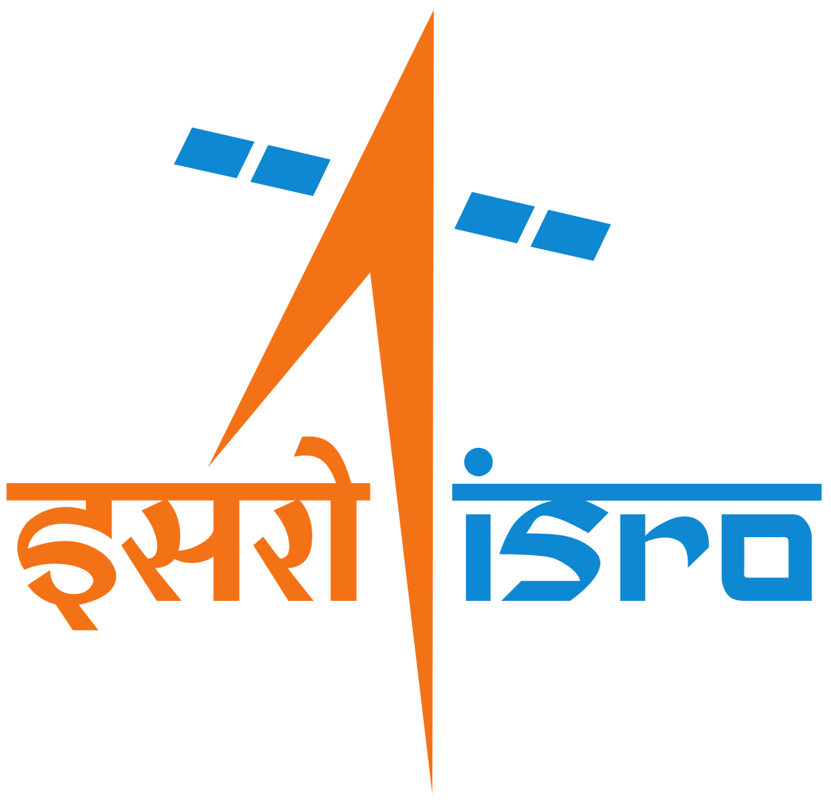 Logo of the Indian Space Research Organisation (ISRO), featuring an orange upward arrow symbolizing a rocket launch, with the text “इसरो” in Hindi on the left and “isro” in English on the right, accompanied by blue satellite elements.